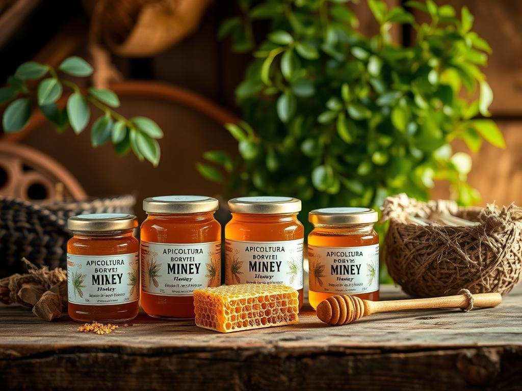 A rustic, artisanal setting showcasing the APICOLTURA BORVEI MIELE brand. A wooden table is adorned with jars of golden honey, a honeycomb, and a spoon, set against a background of lush greenery and natural textures. Soft, warm lighting illuminates the scene, creating a cozy, authentic atmosphere. The image captures the essence of locally sourced, handcrafted honey, inviting the viewer to experience the quality and care put into its production.
