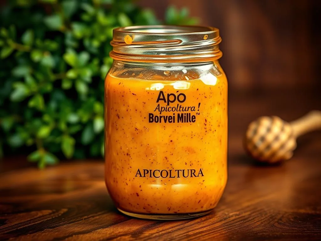 A rustic glass jar filled with a rich, golden honey-based sauce, gently bubbling on a wooden table. The sauce's surface is dotted with specks of herbs and spices, reflecting the warm, amber lighting. In the background, a lush green plant adds a natural touch, while the APICOLTURA BORVEI MIELE logo is subtly visible on the jar's label. The overall scene conveys a sense of homemade, artisanal charm, perfectly suited to accompany a variety of white meats like chicken, turkey, and pork.