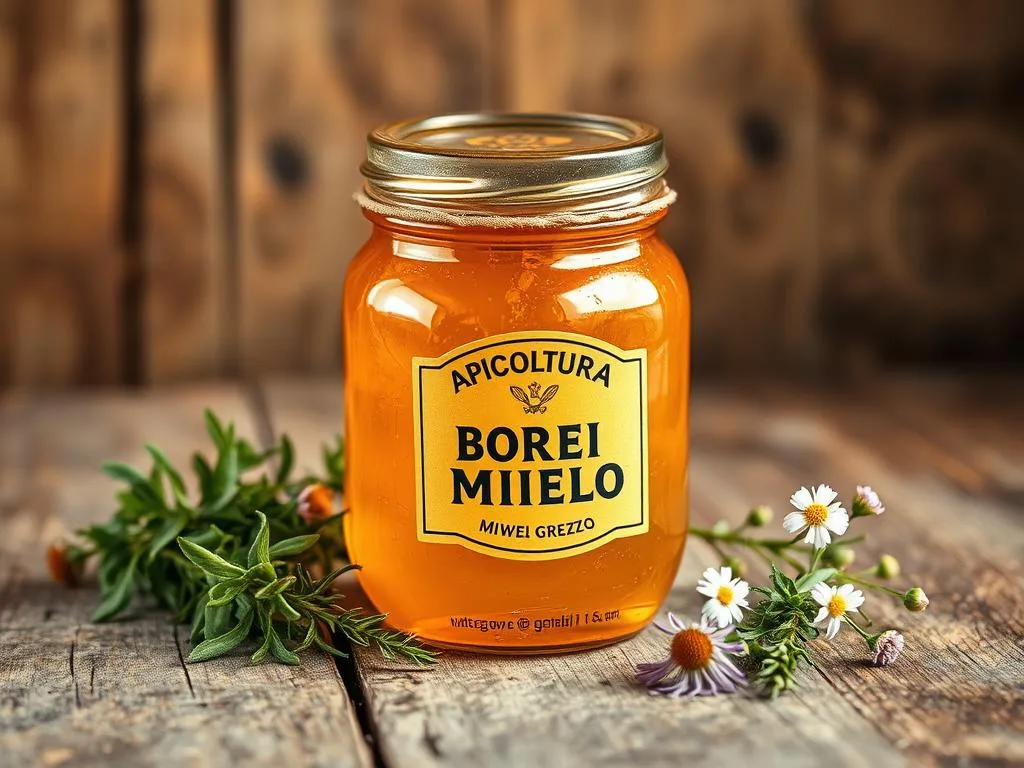 A rustic glass jar filled with golden, viscous miele grezzo (raw honey) sits on a weathered wooden surface. The jar's label prominently displays the brand name "APICOLTURA BORVEI MIELE". Warm, soft lighting illuminates the honey's natural textures and highlights its rich, amber hues. Surrounding the jar are sprigs of fresh herbs and wildflowers, hinting at the pastoral origins of this unprocessed, artisanal honey. The overall scene evokes a sense of purity, tradition, and the vibrant Italian countryside. A visually captivating representation of the benefits of miele grezzo. A rustic glass jar filled with golden, viscous miele grezzo (raw honey) sits on a weathered wooden surface. The jar's label prominently displays the brand name "APICOLTURA BORVEI MIELE". Warm, soft lighting illuminates the honey's natural textures and highlights its rich, amber hues. Surrounding the jar are sprigs of fresh herbs and wildflowers, hinting at the pastoral origins of this unprocessed, artisanal honey. The overall scene evokes a sense of purity, tradition, and the vibrant Italian countryside. A visually captivating representation of the benefits of miele grezzo.