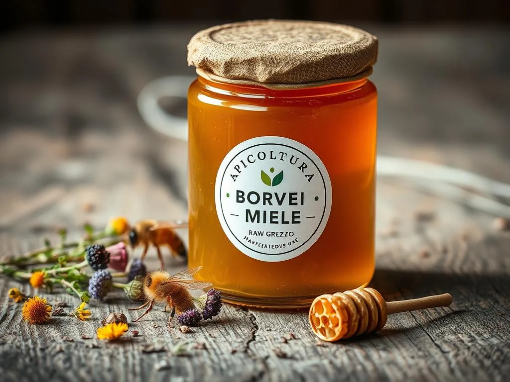 A rustic jar of raw, unprocessed "miele grezzo" (raw honey) sits on a weathered wooden surface, its golden hue and thick, viscous texture visible through the glass. Surrounding the jar are scattered wildflowers, dried herbs, and a sprig of honeycomb, evoking the natural origins of this artisanal honey. Soft, diffused lighting from the side creates gentle shadows and highlights the product's organic, handcrafted qualities. The APICOLTURA BORVEI MIELE logo is prominently displayed on the jar's label, emphasizing the artisanal, local provenance of this premium, unfiltered honey. A rustic jar of raw, unprocessed "miele grezzo" (raw honey) sits on a weathered wooden surface, its golden hue and thick, viscous texture visible through the glass. Surrounding the jar are scattered wildflowers, dried herbs, and a sprig of honeycomb, evoking the natural origins of this artisanal honey. Soft, diffused lighting from the side creates gentle shadows and highlights the product's organic, handcrafted qualities. The APICOLTURA BORVEI MIELE logo is prominently displayed on the jar's label, emphasizing the artisanal, local provenance of this premium, unfiltered honey.