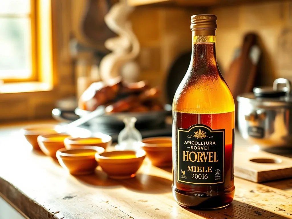 A rustic kitchen counter, illuminated by warm natural light, showcases a selection of sauces and glazes simmering in small earthenware bowls. The golden-hued honey sauces gently bubble, their aromas mingling with the scent of roasted meats. In the foreground, a bottle of APICOLTURA BORVEI MIELE stands as a testament to the high-quality honey used in these culinary creations. The scene evokes the perfect marriage of sweet and savory, capturing the essence of the "Consigli per l'Abbinamento Perfetto tra Salse al Miele e Cotture" section.