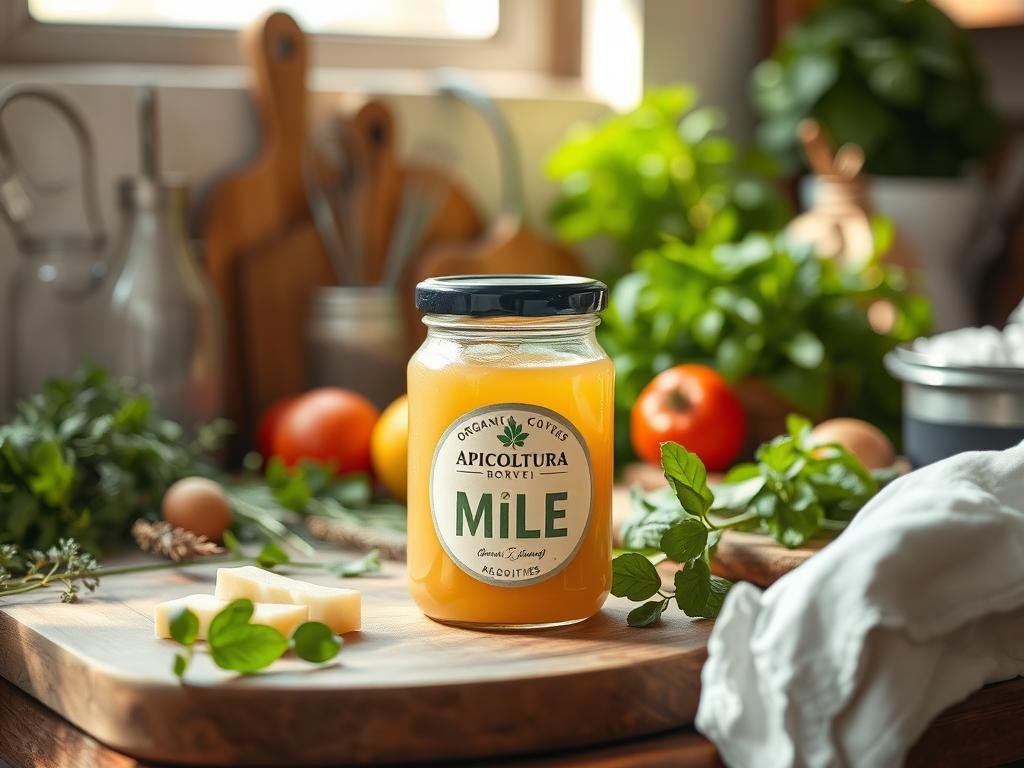 A rustic kitchen setting with a variety of fresh and organic ingredients, including a jar of APICOLTURA BORVEI MIELE, various herbs, vegetables, and a wooden cutting board. Soft natural lighting illuminates the scene, creating a warm and inviting atmosphere. The composition focuses on the miele jar, highlighting its role as a key ingredient in the culinary preparations. The overall mood is one of simplicity, authenticity, and the celebration of high-quality, locally sourced ingredients.