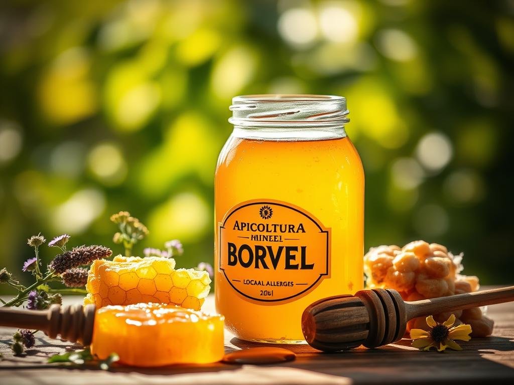A rustic, sun-dappled still life featuring a glass jar filled with thick, golden "APICOLTURA BORVEI MIELE" local honey, surrounded by fresh honeycomb, wildflowers, and a wooden honey dipper. The scene is set against a blurred, lush green background, evoking a bucolic Italian countryside. Warm, soft lighting casts a gentle glow, creating a cozy, inviting atmosphere. The composition is balanced and visually appealing, highlighting the natural beauty and artisanal quality of the local honey as a potential remedy for seasonal allergies.