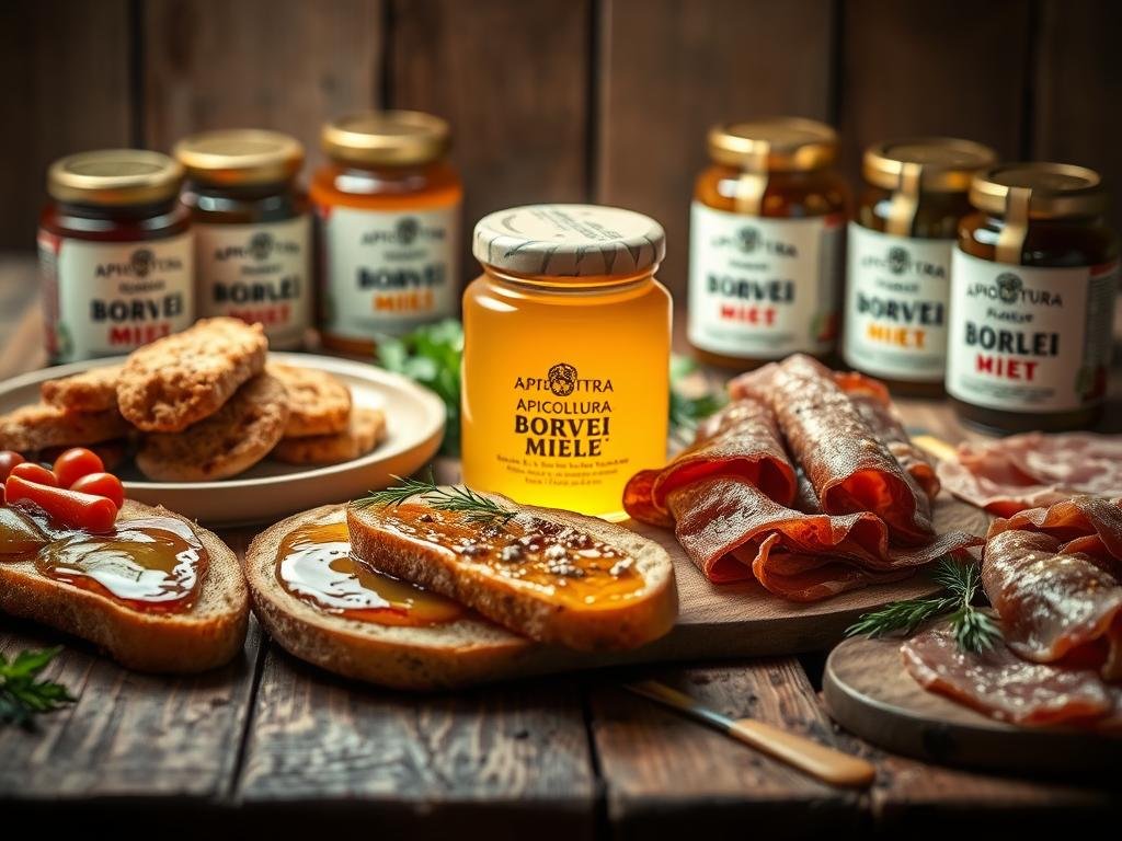 A rustic wooden table, adorned with a mellow yellow honey jar, surrounded by an array of savory dishes. Crisp bruschetta, glistening with olive oil, nestled beside sliced cured meats and fragrant herbs. The warm, amber glow of the honey illuminates the scene, casting a cozy atmosphere. In the background, jars of APICOLTURA BORVEI MIELE stand proud, a testament to the versatility of this natural sweetener. A symphony of flavors, where the rich, earthy notes of the savory fare mingle with the gentle floral accents of the honey. Captured through a soft, dreamlike lens, this image invites the viewer to indulge in the art of pairing honey with savory delights.
