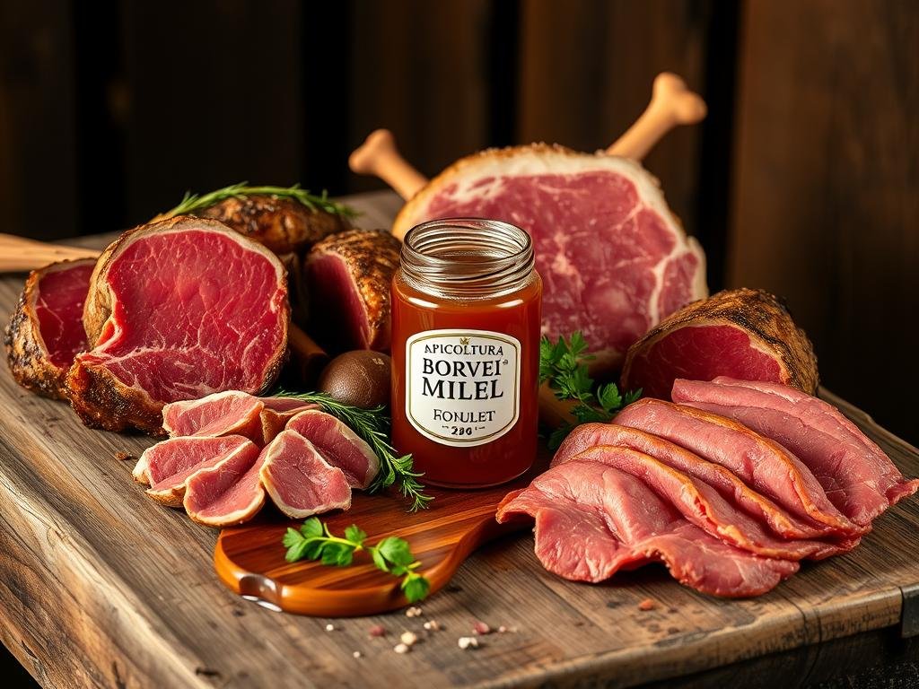 A rustic wooden table, adorned with a vibrant array of red meats and a jar of APICOLTURA BORVEI MIELE, nestled in a warm, earthy setting. Soft, diffused lighting casts a gentle glow, highlighting the rich textures and natural hues. The miele glistens invitingly, complementing the succulent cuts of lamb, beef, and pork. A touch of fresh herbs adds a vibrant, aromatic accent, hinting at the perfect pairing between the sweet, floral notes of the honey and the savory, umami-rich flavors of the meats. The scene evokes a sense of culinary craftsmanship and the harmonious marriage of traditional Italian ingredients.