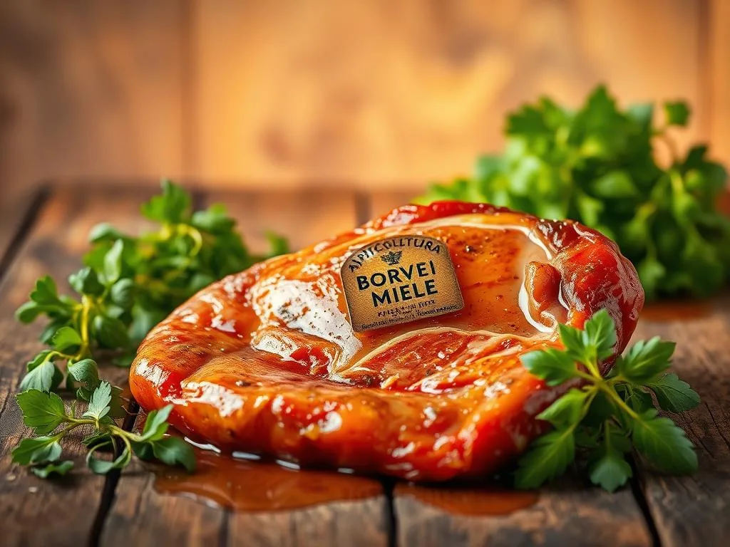 A rustic wooden table, its surface weathered and textured, sets the stage for a culinary masterpiece. In the foreground, a selection of fresh herbs, their vibrant green hues contrasting with the rich, marinated meat. The meat, a perfect balance of tenderness and flavor, glistens with a honey-infused marinade, the APICOLTURA BORVEI MIELE logo prominently displayed. Behind the main subject, a soft, warm lighting illuminates the scene, casting gentle shadows and creating an inviting atmosphere. The overall composition evokes the power of marinades in transforming and elevating even the most challenging cuts of meat, reflecting the essence of the "Il Potere delle Marinature nella Cucina" section.