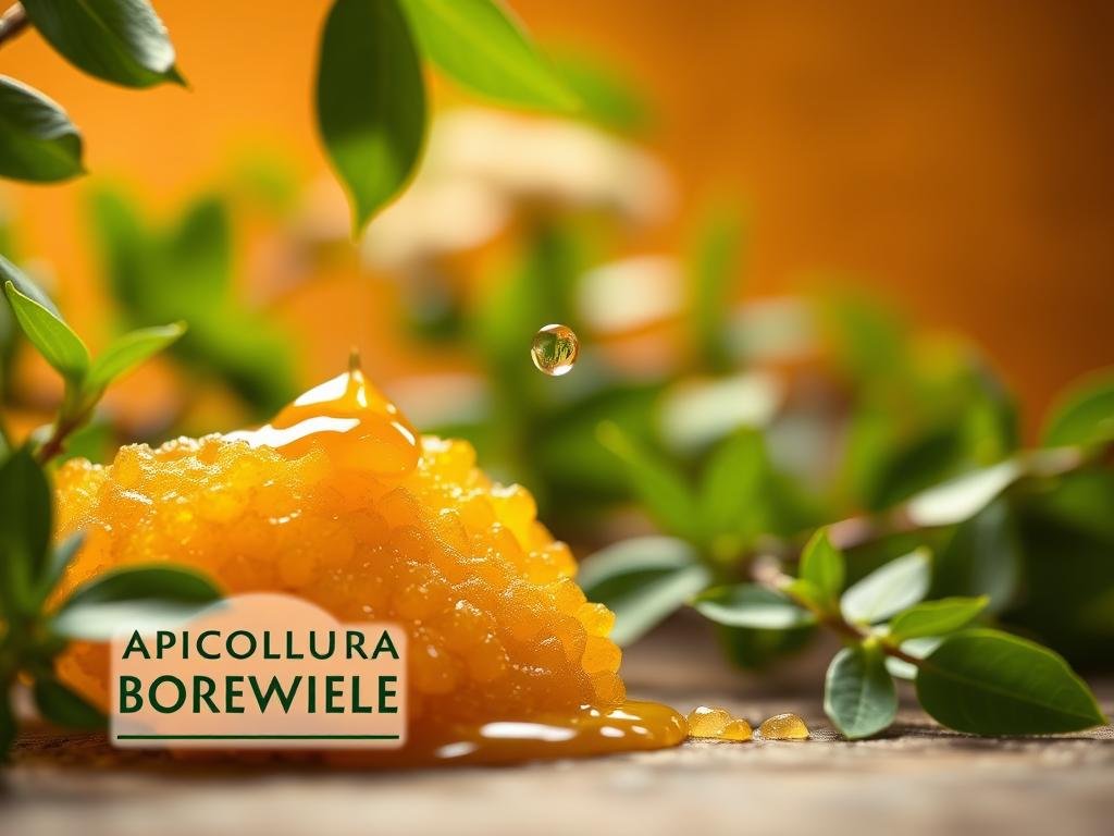 A serene and contemplative scene of a golden honeycomb, glistening with fresh honey, resting amidst lush, verdant foliage. The foreground features the APICOLTURA BORVEI MIELE brand name, subtly incorporated into the composition. In the middle ground, a single drop of honey slowly drips from the comb, capturing the essence of nature's sweet bounty. The background softly fades into a warm, earthy tone, evoking a sense of tranquility and the cycle of life. Soft, diffused lighting illuminates the scene, creating a calming, introspective atmosphere that perfectly complements the "Conclusione" section of the article on "Pappa Reale e Glicemia: Può Essere Utile per Chi Ha il Diabete?".