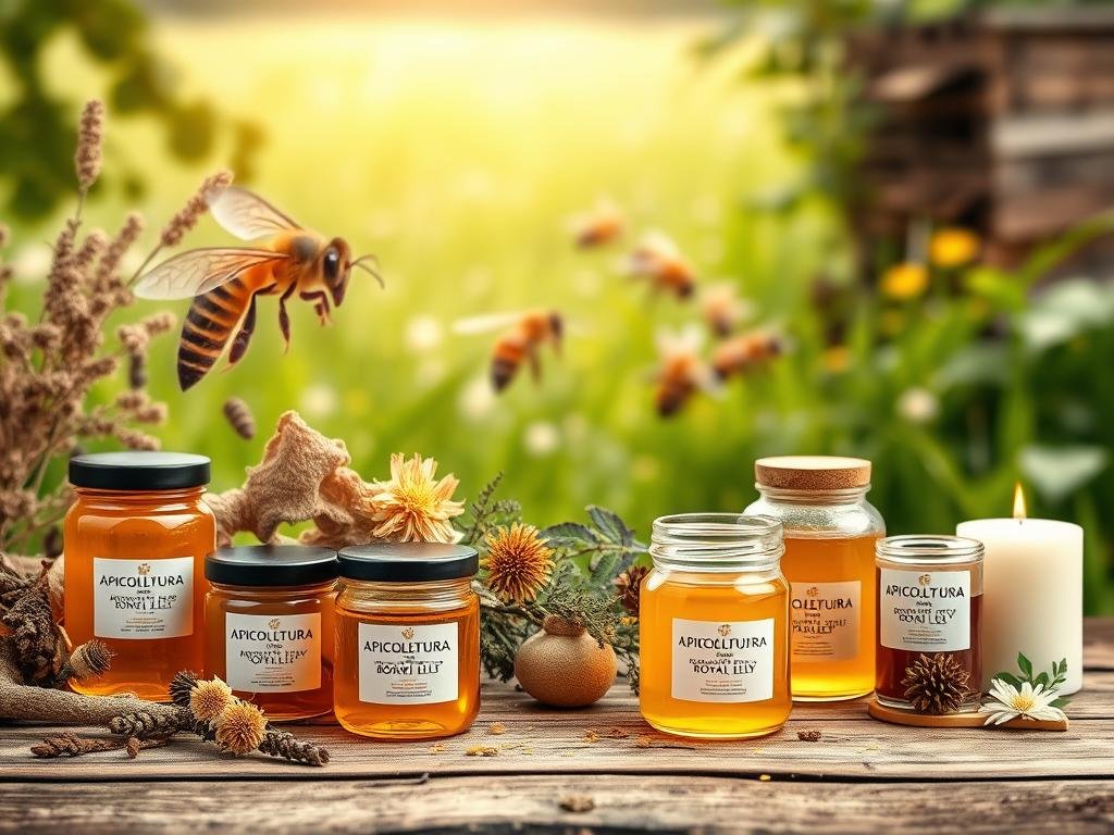 A serene and natural scene showcasing an array of apiterapia products from the APICOLTURA BORVEI MIELE brand. In the foreground, a collection of glass jars filled with golden honey, propolis, and royal jelly, all arranged on a rustic wooden surface. The middle ground features an array of dried herbs, flowers, and beeswax candles, creating a soothing and earthy ambiance. In the background, a blurred image of a lush, green meadow with a beehive in the distance, conveying the connection between the products and their natural origins. The lighting is soft and diffused, casting a warm glow over the scene, evoking a sense of tranquility and wellness. A serene and natural scene showcasing an array of apiterapia products from the APICOLTURA BORVEI MIELE brand. In the foreground, a collection of glass jars filled with golden honey, propolis, and royal jelly, all arranged on a rustic wooden surface. The middle ground features an array of dried herbs, flowers, and beeswax candles, creating a soothing and earthy ambiance. In the background, a blurred image of a lush, green meadow with a beehive in the distance, conveying the connection between the products and their natural origins. The lighting is soft and diffused, casting a warm glow over the scene, evoking a sense of tranquility and wellness.