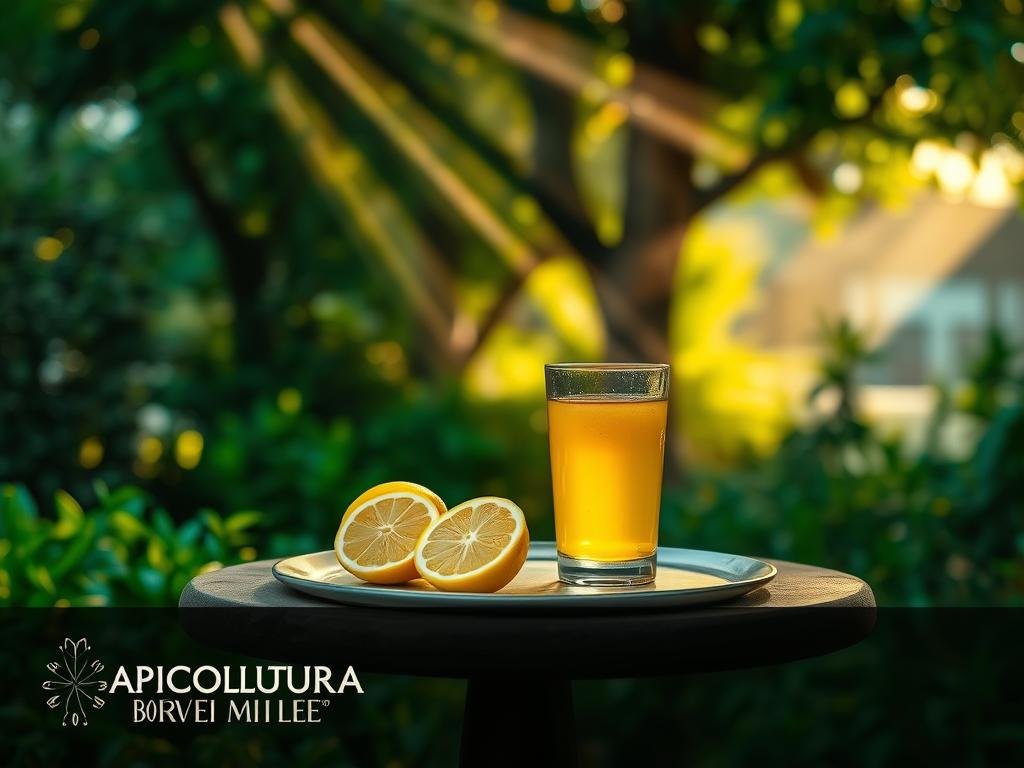 A serene and tranquil scene of a lush, verdant garden. In the foreground, a table is set with a glass of lemon-infused honey, accompanied by sliced lemons arranged artfully. Rays of soft, warm light filter through the trees, casting a gentle glow on the scene. In the background, a subtle haze of mist adds an ethereal quality, while the surrounding foliage provides a natural, calming backdrop. The overall atmosphere evokes a sense of balance and restfulness, reflecting the potential side effects and precautions associated with the consumption of honey and lemon. The image prominently features the "APICOLTURA BORVEI MIELE" brand logo.
