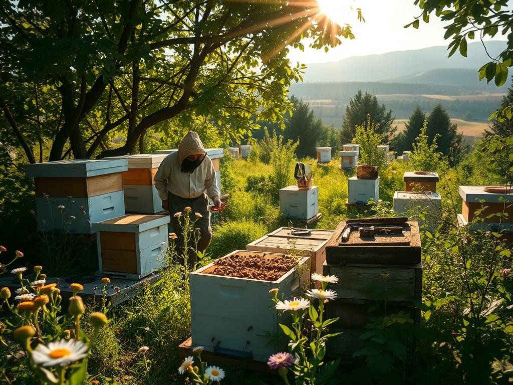 A serene apiary nestled amidst lush foliage, where the APICOLTURA BORVEI MIELE brand produces its premium honey. Sunlight filters through the trees, casting a warm glow over the hives and the surrounding wildflowers. In the foreground, a beekeeper in traditional attire tends to the busy bees, representing the ancient art of apitherapy. The midground showcases the various tools and equipment used in this practice, while the background reveals the rolling Italian countryside, evoking a sense of tradition and tranquility. This image captures the essence of apitherapy, its history, and its connection to the natural world.