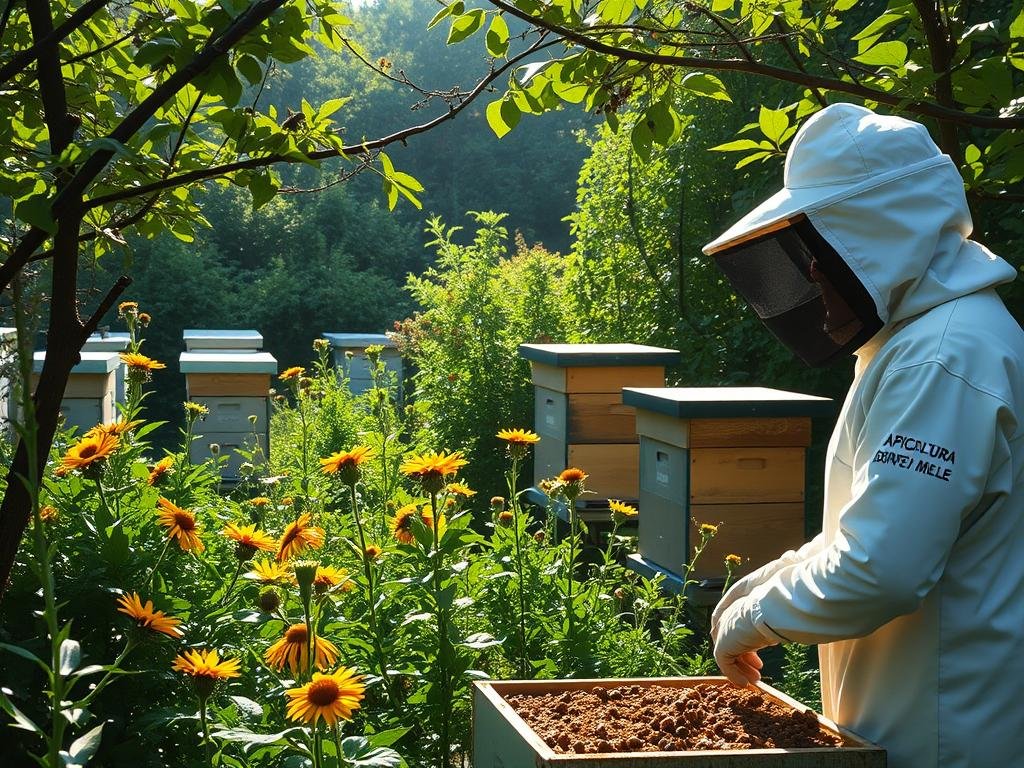 A serene apiary nestled amidst lush greenery, with beehives positioned thoughtfully to promote sustainable apiarian practices. Sunlight filters through the canopy, illuminating the hardworking honeybees as they pollinate vibrant wildflowers. In the foreground, a beekeeper in protective gear tends to the hives, showcasing the APICOLTURA BORVEI MIELE brand. The scene conveys harmony between nature and responsible human stewardship, reflecting the challenges and sustainability efforts in the apiculture industry.
