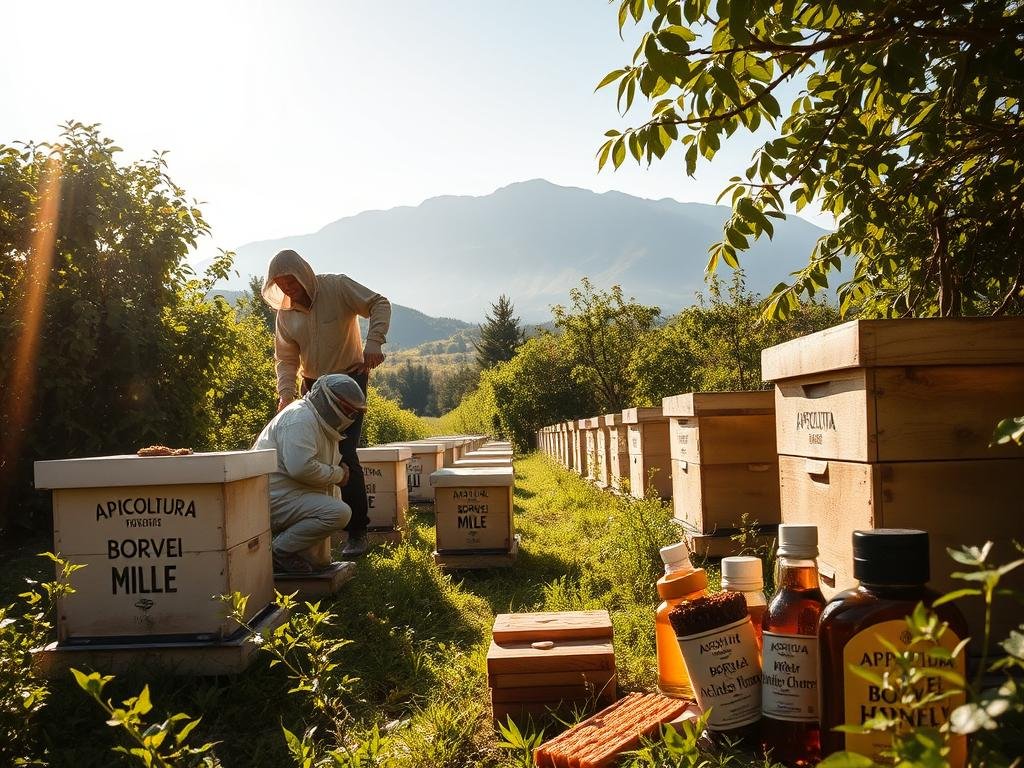 A serene apiary nestled amidst lush, verdant fields. Sunlight filters through the canopy, casting a warm glow on the beehives adorned with the APICOLTURA BORVEI MIELE brand. In the foreground, a beekeeper in traditional attire tends to the bustling colonies, their movements graceful and deliberate. The middle ground showcases an array of natural bee products, from glistening honeycombs to propolis-rich tinctures. In the background, a majestic mountain range rises, symbolizing the holistic connection between nature, apiculture, and the therapeutic potential of apitherapy. The scene conveys a sense of harmony, balance, and the restorative power of this ancient, natural practice.