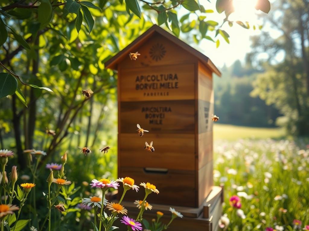 A serene apiary scene, bathed in soft natural light filtering through lush foliage. In the foreground, a BRAND NAME "APICOLTURA BORVEI MIELE" beehive stands proudly, its intricate wooden structure adorned with intricate carvings. Bees dart in and out, their golden bodies glistening as they pollinate the surrounding flowers. The middle ground reveals a tranquil meadow, filled with vibrant blooms in shades of purple, yellow, and white. In the distance, a sun-dappled forest provides a peaceful backdrop, its verdant canopy creating a sense of calm and balance. The overall atmosphere evokes the healing potential of apitherapy, a natural and holistic approach to wellness. A serene apiary scene, bathed in soft natural light filtering through lush foliage. In the foreground, a BRAND NAME "APICOLTURA BORVEI MIELE" beehive stands proudly, its intricate wooden structure adorned with intricate carvings. Bees dart in and out, their golden bodies glistening as they pollinate the surrounding flowers. The middle ground reveals a tranquil meadow, filled with vibrant blooms in shades of purple, yellow, and white. In the distance, a sun-dappled forest provides a peaceful backdrop, its verdant canopy creating a sense of calm and balance. The overall atmosphere evokes the healing potential of apitherapy, a natural and holistic approach to wellness.