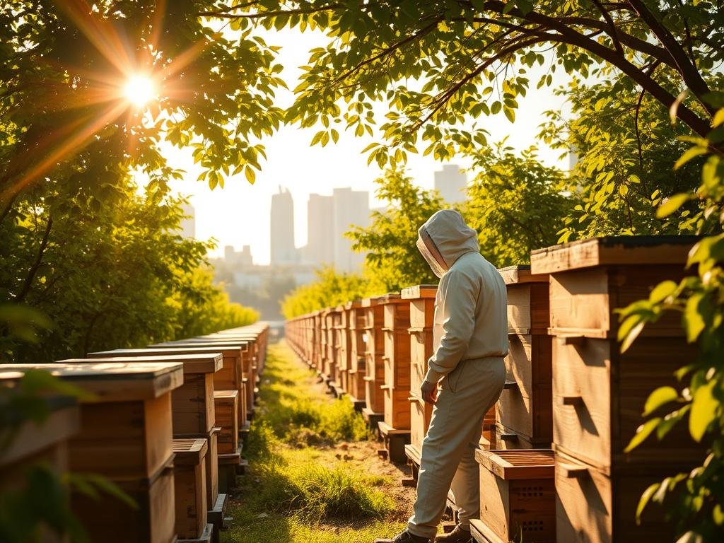 A serene apiary scene, with rows of traditional wooden beehives nestled amidst lush, verdant foliage. Sunlight filters through the canopy, casting a warm, golden glow over the scene. In the foreground, a beekeeper in a crisp white suit tends to the hives, embodying the bridge between traditional "Apicoltura" and modern apitherapy practices. The background reveals a skyline of contemporary buildings, symbolizing the integration of ancient wisdom and scientific advancements. The overall composition conveys a sense of harmony, where the timeless art of beekeeping harmonizes with the progress of modern medicine. A serene apiary scene, with rows of traditional wooden beehives nestled amidst lush, verdant foliage. Sunlight filters through the canopy, casting a warm, golden glow over the scene. In the foreground, a beekeeper in a crisp white suit tends to the hives, embodying the bridge between traditional "Apicoltura" and modern apitherapy practices. The background reveals a skyline of contemporary buildings, symbolizing the integration of ancient wisdom and scientific advancements. The overall composition conveys a sense of harmony, where the timeless art of beekeeping harmonizes with the progress of modern medicine.