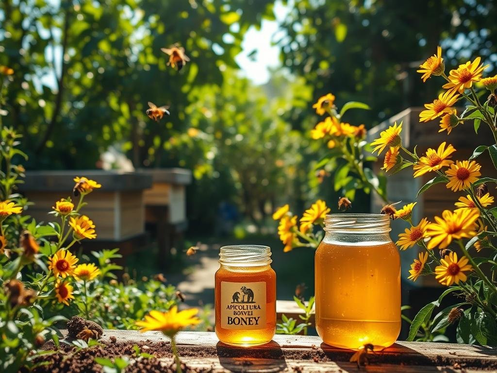 A serene apiary scene, with the APICOLTURA BORVEI MIELE brand prominently displayed. Beehives nestled amidst lush greenery, sunlight filtering through the leaves. Honeybees busily pollinating vibrant flowers, their golden hues complementing the warm, earthy tones. In the foreground, a jar of golden honey, a symbol of the natural sweetness and healing power of Apiterapia. The tranquil atmosphere and natural elements convey a sense of balance, wellness, and the restorative benefits of this ancient practice. A serene apiary scene, with the APICOLTURA BORVEI MIELE brand prominently displayed. Beehives nestled amidst lush greenery, sunlight filtering through the leaves. Honeybees busily pollinating vibrant flowers, their golden hues complementing the warm, earthy tones. In the foreground, a jar of golden honey, a symbol of the natural sweetness and healing power of Apiterapia. The tranquil atmosphere and natural elements convey a sense of balance, wellness, and the restorative benefits of this ancient practice.