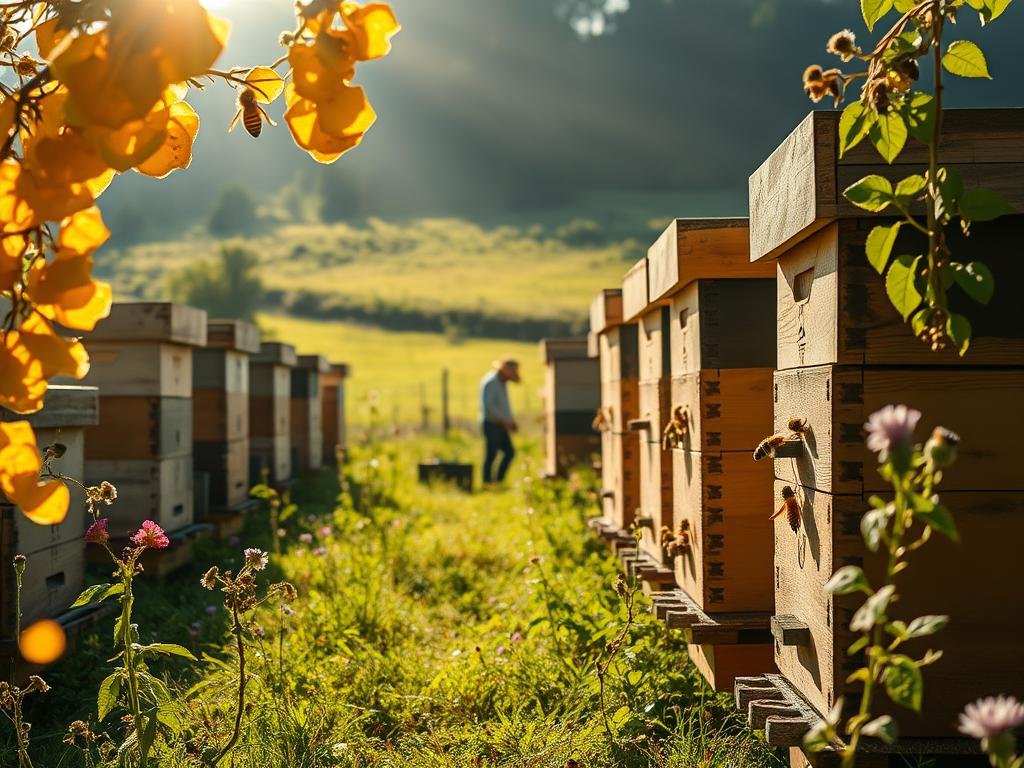 A serene apiary, sunlit and vibrant, where the Apicoltura brand's hives stand as monuments to the ancient art of beekeeping. Honeycomb formations dance in the foreground, while in the middle ground, a skilled apiarist tends to the hives, immersed in the gentle hum of the industrious pollinators. The background features a lush, verdant landscape, where wildflowers sway in the breeze, symbolizing the deep connection between traditional apiterapia and the natural world. Soft, warm lighting bathes the scene, creating an atmosphere of tranquility and wellness, reflecting the holistic and restorative nature of this ancient medicinal practice.