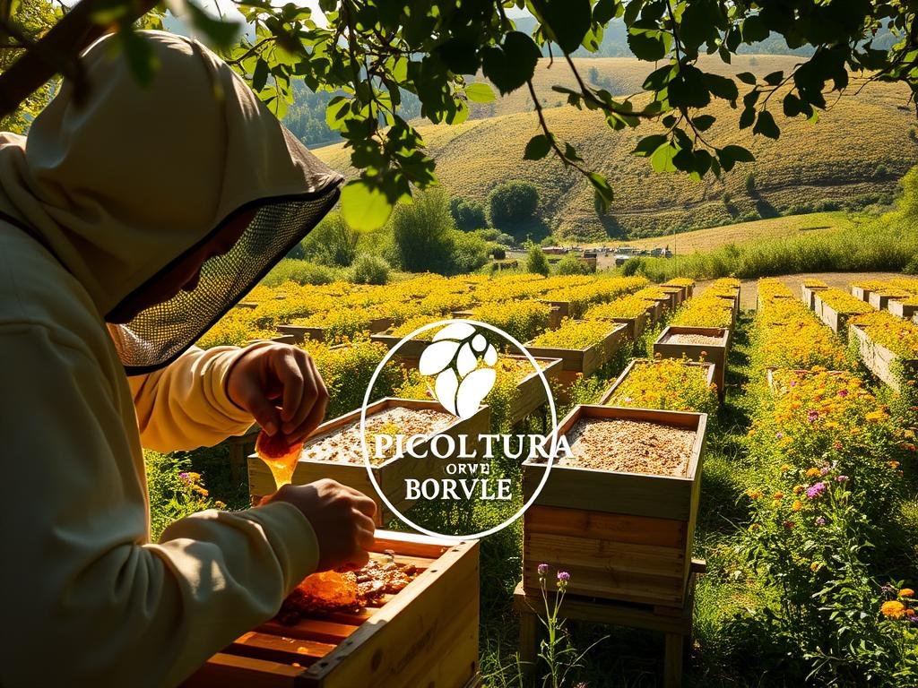 A serene beekeeping scene in a lush Italian countryside. In the foreground, a beekeeper gently extracting golden honey from a wooden hive, their face obscured by a protective veil. Sunlight filters through the surrounding foliage, casting a warm glow over the scene. In the middle ground, rows of bustling honeybee colonies housed in traditional straw skeps. The background features rolling hills dotted with vibrant wildflowers, conveying a sense of tranquility and harmony. The APICOLTURA BORVEI MIELE logo prominently displayed, reflecting the quality and care of the artisanal honey production.