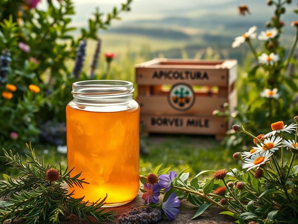A serene, lush garden with vibrant green foliage and blooming flowers. In the foreground, a glass jar filled with golden, viscous propolis, its surface glistening in the warm, diffused lighting. Surrounding the jar, sprigs of fragrant herbs and aromatic flowers, including rosemary, lavender, and chamomile. In the middle ground, a wooden crate with the logo "APICOLTURA BORVEI MIELE" sits amidst the greenery, a testament to the artisanal nature of the propolis. The background features a softly blurred landscape, hinting at the natural origins of this precious bee-derived substance. The overall scene conveys the purity, health benefits, and natural essence of propolis.