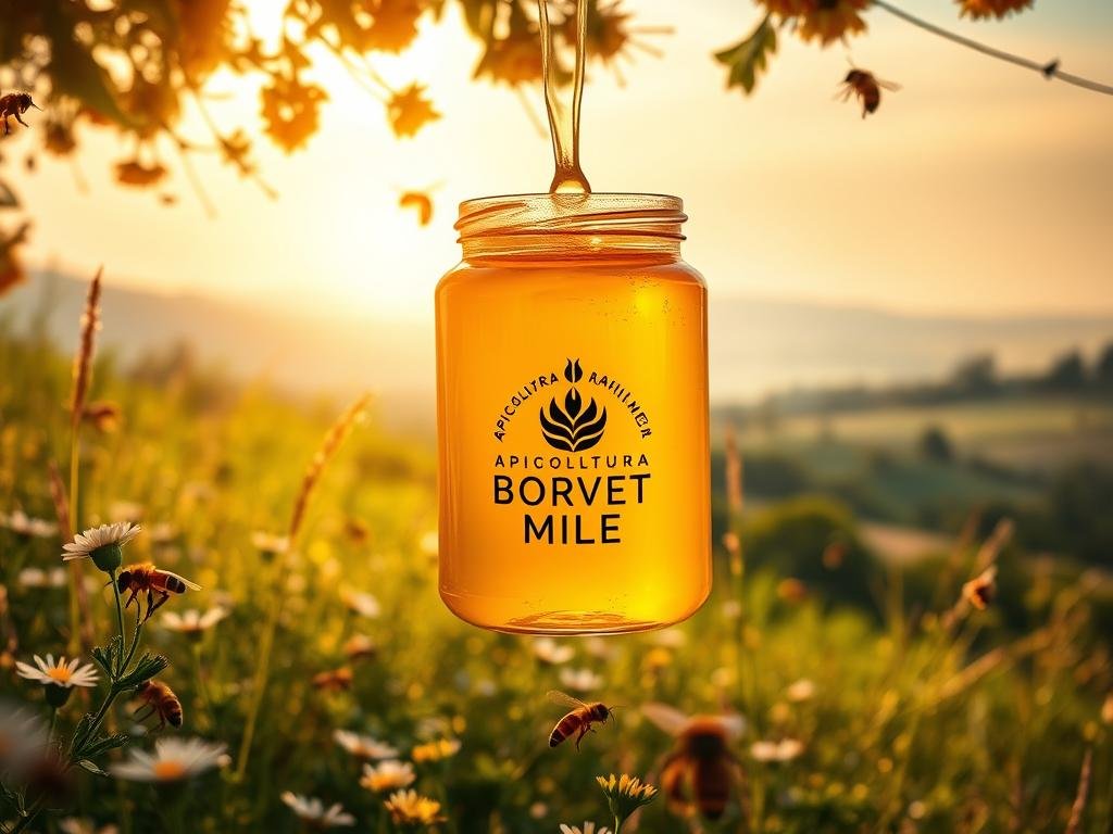 A serene meadow with blooming flowers, buzzing honeybees, and a jar of golden honey suspended in the foreground. In the middle ground, a glowing apiary hive surrounded by lush greenery. In the background, a peaceful countryside landscape with rolling hills and a soft, hazy sky. Warm, natural lighting emanates from all directions, creating a calming, therapeutic atmosphere. The APICOLTURA BORVEI MIELE logo is prominently displayed on the honey jar. This image powerfully conveys the soothing, restorative properties of honey and royal jelly for the nervous system.