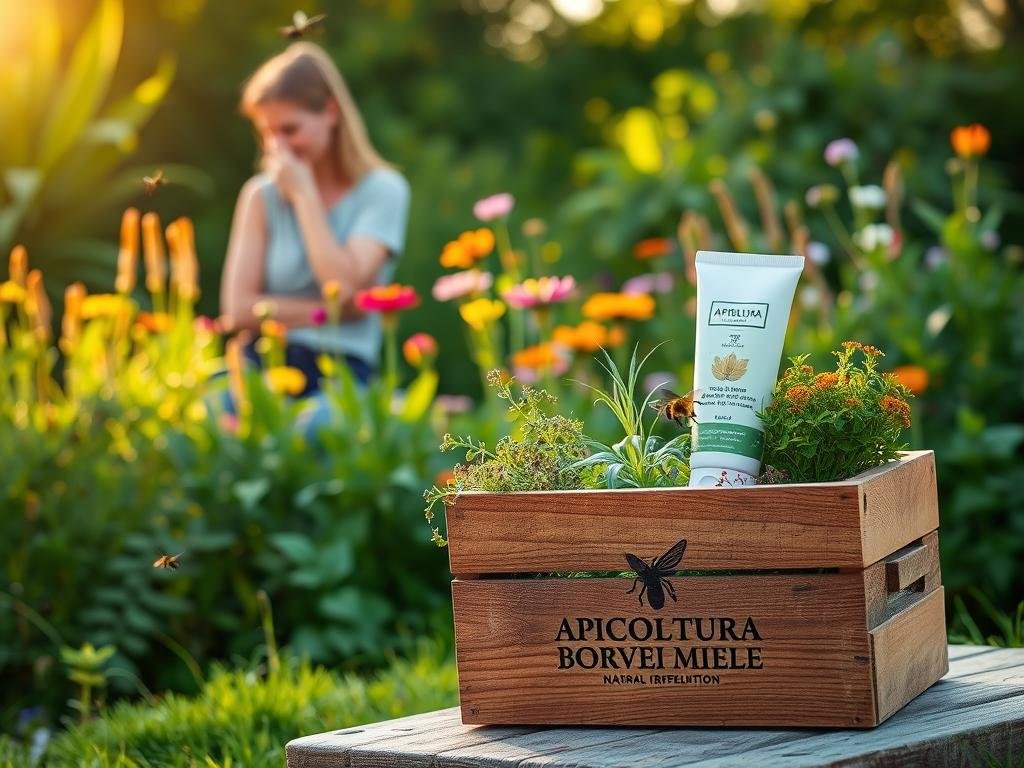 A serene outdoor scene with a focus on natural insect prevention methods. In the foreground, a rustic wooden box with the APICOLTURA BORVEI MIELE logo, filled with aromatic herbs and plants that repel insects. In the middle ground, a person casually applying a natural insect repellent cream to their skin. In the background, a lush green garden with vibrant flowers and a few buzzing bees, all bathed in warm, golden afternoon sunlight. The overall mood is one of tranquility and an appreciation for nature's solutions to common problems.