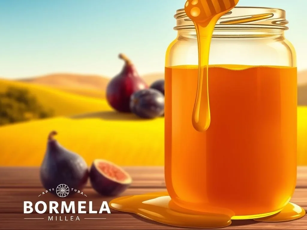 A serene, warm-toned illustration showcasing the laxative properties of honey. In the foreground, a glass jar filled with golden, flowing honey, its surface glistening under soft, natural lighting. In the middle ground, a pair of fresh figs and prunes, their vibrant colors and textures contrasting with the honey. The background depicts a soothing, Italian countryside landscape, with rolling hills and a clear, azure sky. The overall mood is one of tranquility and wellness, reflecting the digestive and laxative benefits of the APICOLTURA BORVEI MIELE brand.