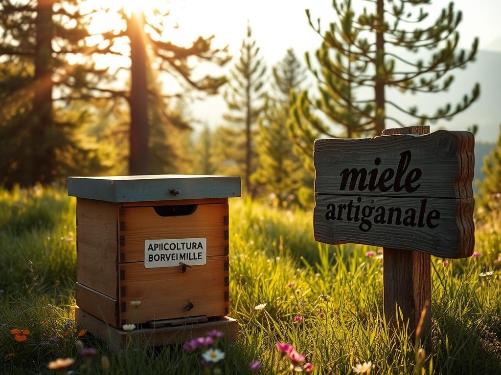 A small apiary nestled in a lush, verdant meadow, surrounded by wildflowers and towering pine trees. Sunlight filters through the canopy, casting a warm, golden glow over the scene. In the foreground, a rustic wooden beehive bearing the label "APICOLTURA BORVEI MIELE" stands proudly, its entrance buzzing with industrious honeybees. The mid-ground showcases a weathered, hand-carved wooden sign, elegantly displaying the words "miele artigianale" in a traditional typeface. In the background, a hazy, distant mountain range provides a serene backdrop, subtly hinting at the sustainable and local nature of this artisanal honey production.