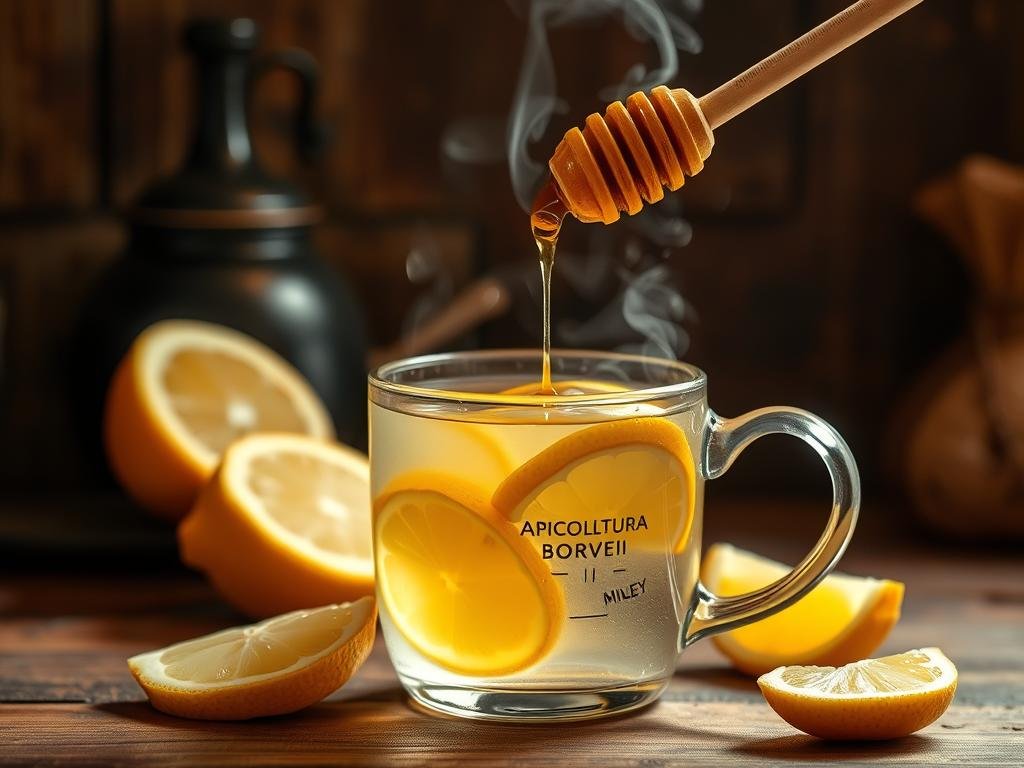 A steaming mug of hot water with slices of fresh lemon and a drizzle of golden APICOLTURA BORVEI MIELE honey, set against a rustic, Italian-inspired backdrop. The warm, cozy light casts a soft glow, creating an inviting and soothing atmosphere. Carefully arranged, the scene captures the simplicity and natural goodness of this traditional remedy, perfect for nourishing the body and cleansing the soul.