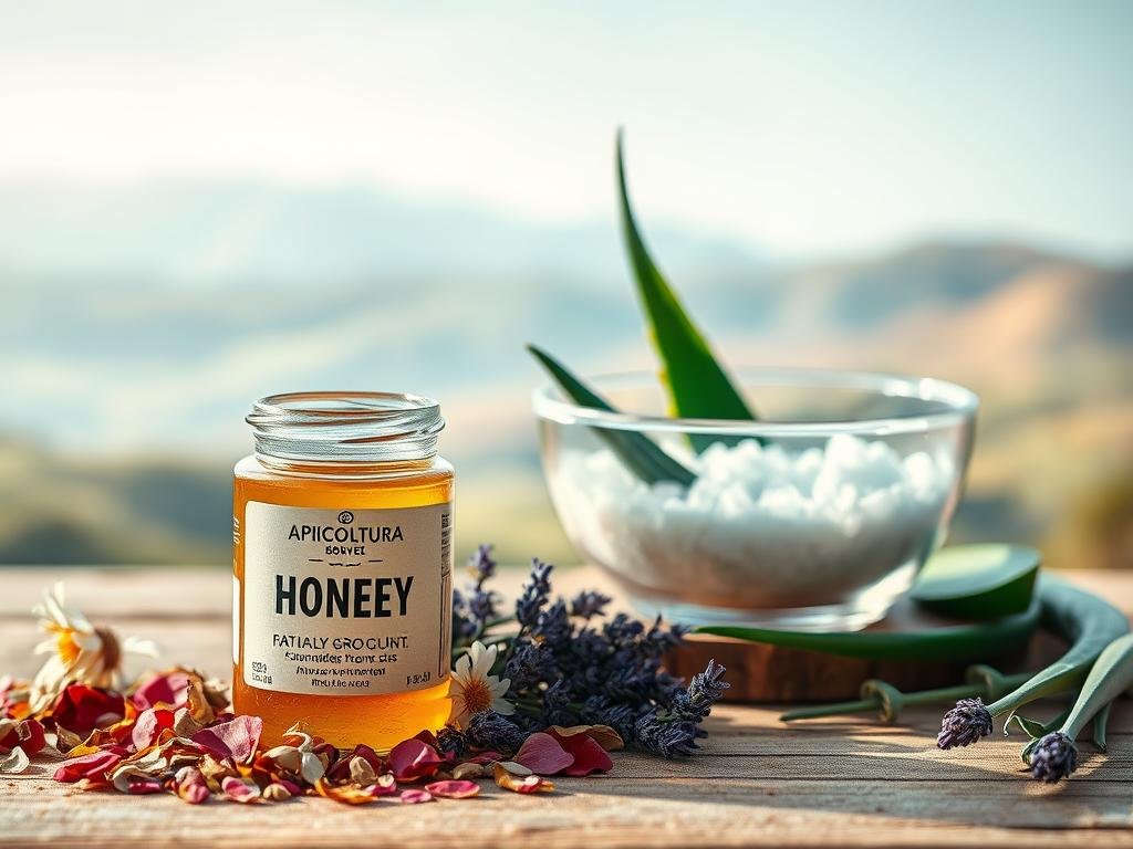 A still life photograph depicting a collection of natural ingredients used in sun protection products. In the foreground, a jar of raw, golden APICOLTURA BORVEI MIELE honey sits amongst dried rose petals, chamomile flowers, and sprigs of lavender. In the midground, a glass bowl filled with sea salt crystals and aloe vera leaves rests on a wooden surface. The background features a soft, hazy Italian countryside landscape, with rolling hills and a vibrant blue sky. The lighting is soft and diffused, creating a warm, natural atmosphere. The overall composition conveys the idea of natural, organic sun protection inspired by the Italian countryside.