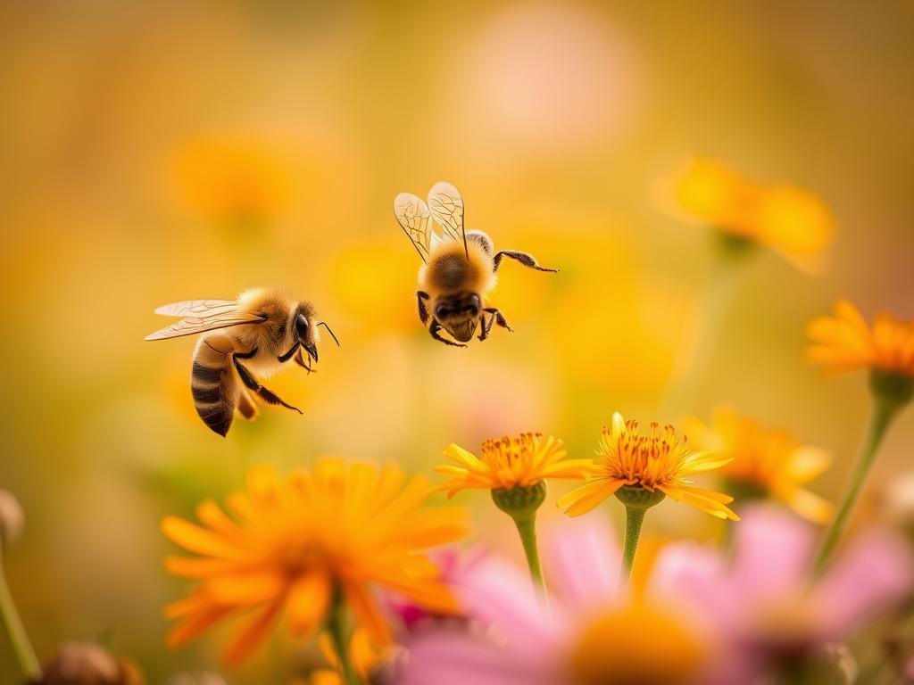 A stunning close-up of honeybees pollinating a vibrant field of colorful wildflowers, against a soft, blurred background. The intricate dance of the bees, their fuzzy bodies covered in pollen, is captured in vivid detail, highlighting the critical role these pollinators play in the delicate balance of the ecosystem. The warm, golden lighting adds a sense of tranquility, while the shallow depth of field creates a sense of intimacy and focus on the pollination process. The image is titled "Apicoltura: The Importance of Pollinator-Friendly Plants".