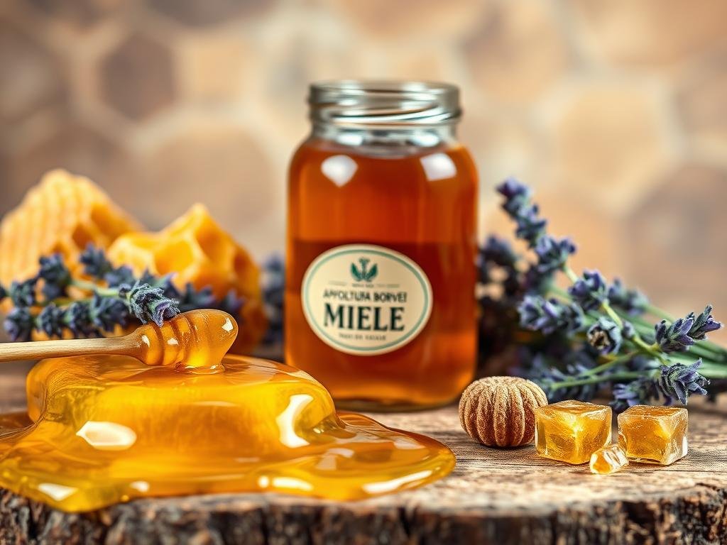 A stunning still life showcasing an array of pure and authentic APICOLTURA BORVEI MIELE products. The foreground features golden honey drizzled over a rustic wooden surface, complemented by a cluster of honeycomb and a sprig of fragrant lavender. In the middle ground, a glass jar filled with the rich, amber-hued miele takes center stage, its label prominently displaying the APICOLTURA BORVEI brand. The background subtly evokes the Italian countryside, with a soft, warm-toned lighting that enhances the natural, artisanal feel of the scene. This image perfectly captures the essence of genuine, high-quality miele, inviting the viewer to appreciate the care and craftsmanship that goes into its production. A stunning still life showcasing an array of pure and authentic APICOLTURA BORVEI MIELE products. The foreground features golden honey drizzled over a rustic wooden surface, complemented by a cluster of honeycomb and a sprig of fragrant lavender. In the middle ground, a glass jar filled with the rich, amber-hued miele takes center stage, its label prominently displaying the APICOLTURA BORVEI brand. The background subtly evokes the Italian countryside, with a soft, warm-toned lighting that enhances the natural, artisanal feel of the scene. This image perfectly captures the essence of genuine, high-quality miele, inviting the viewer to appreciate the care and craftsmanship that goes into its production.
