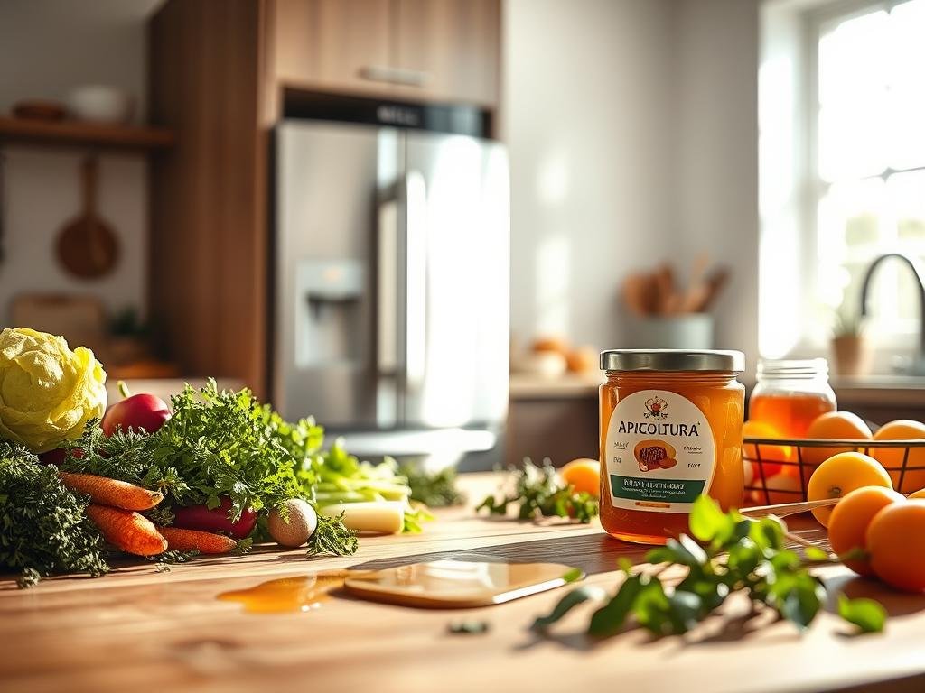 A sun-drenched kitchen scene, showcasing the natural beauty of Apicoltura honey. In the foreground, a wooden table is adorned with a variety of fresh, wholesome ingredients - crisp vegetables, fragrant herbs, and a drizzle of golden honey. The middle ground features a sleek, modern Miele appliance, its gleaming surface reflecting the warm, inviting atmosphere. In the background, a large window floods the space with soft, diffused light, creating a serene and harmonious ambiance. The overall composition evokes a sense of healthy, flavorful cooking, where the rich, versatile qualities of Apicoltura honey seamlessly integrate with the creation of nutritious, delectable dishes.