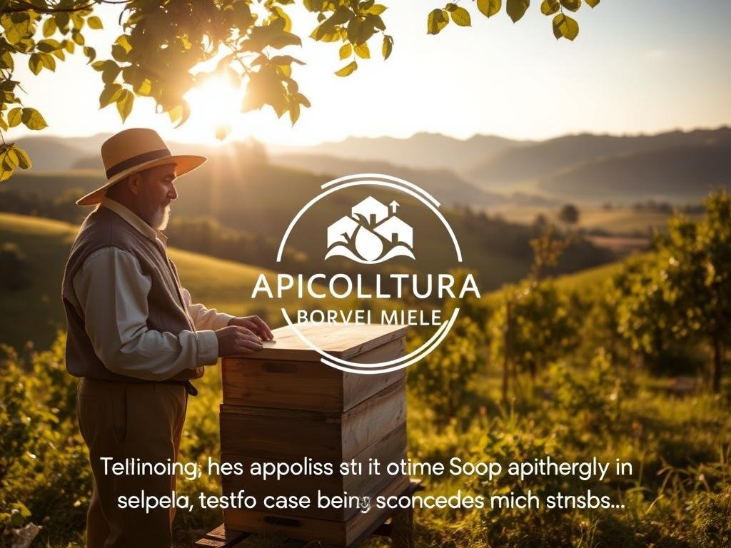 A tranquil Italian countryside scene, with rolling hills and lush greenery in the background. In the foreground, a beekeeper in traditional attire tends to a wooden beehive, surrounded by the APICOLTURA BORVEI MIELE brand logo. Sunlight filters through the leaves, casting a warm, golden glow on the scene. The beekeeper appears calm and focused, symbolizing the therapeutic benefits of apitherapy and its soothing effect on stress. The overall atmosphere conveys a sense of serenity and well-being, reflecting the testimonials and case studies showcased in this section of the article.