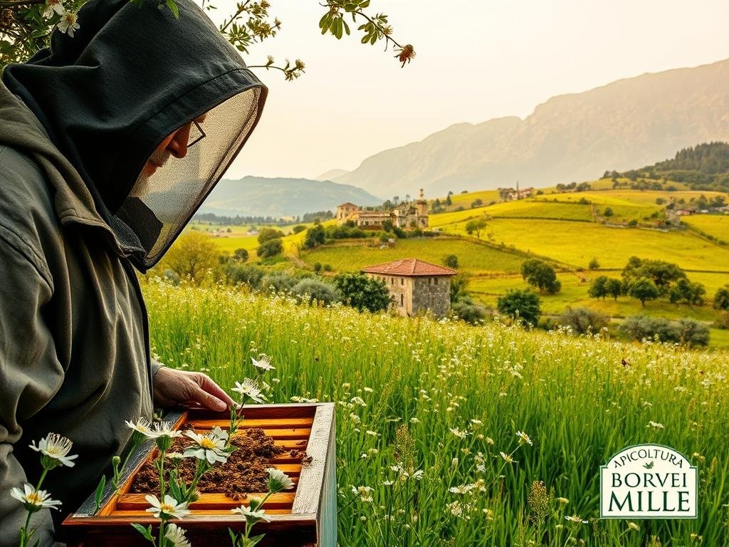 A tranquil, apian scene of an Italian countryside, where the verdant fields are dotted with blooming flowers and buzzing bees. In the foreground, a beekeeper in traditional garb tends to a wooden hive, their face partially obscured by a protective veil. In the middle ground, a lush, rolling landscape unfolds, with ancient stone farmhouses and olive groves. The background is dominated by a rugged mountain range, bathed in warm, golden light. The overall mood is one of serenity and a deep connection to the natural world. The image prominently features the "APICOLTURA BORVEI MIELE" brand, capturing the essence of artisanal Italian honey production.