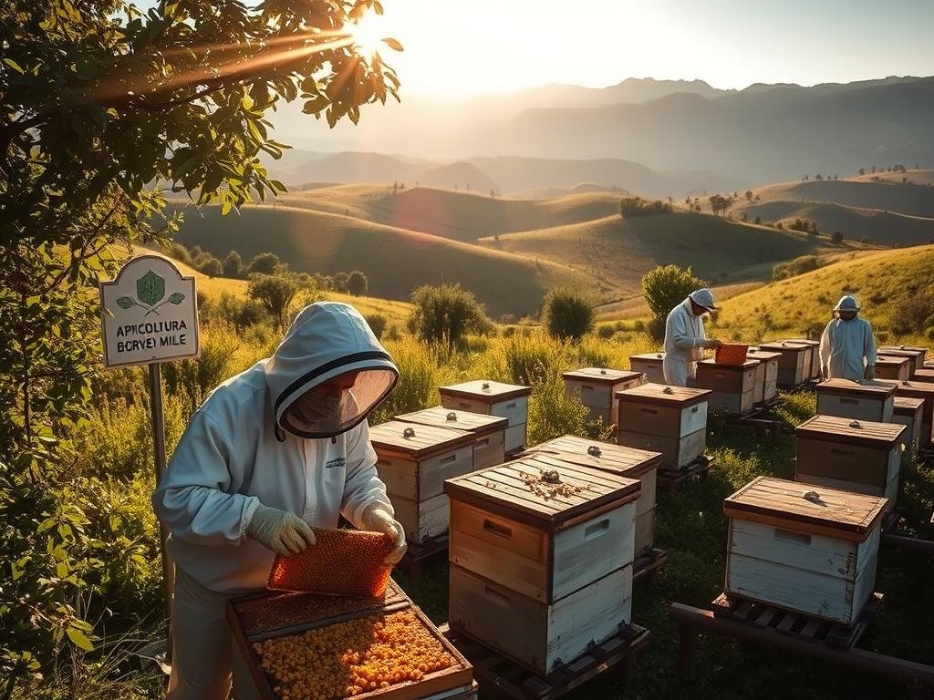 A tranquil apiary nestled in the rolling hills of the Italian countryside, where beekeepers diligently tend to their hives. Sunlight filters through the lush foliage, casting a warm glow on the scene. The APICOLTURA BORVEI MIELE logo stands proudly, a testament to the craftsmanship and dedication of these apiculturists. In the foreground, a beekeeper in a protective suit carefully extracts honeycomb, while in the distance, other workers methodically inspect the hives. The atmosphere is one of quiet focus and reverence for the natural world, perfectly capturing the essence of "Esposizione Ripetuta al Veleno d'Api: Si Può Sviluppare Immunità?"