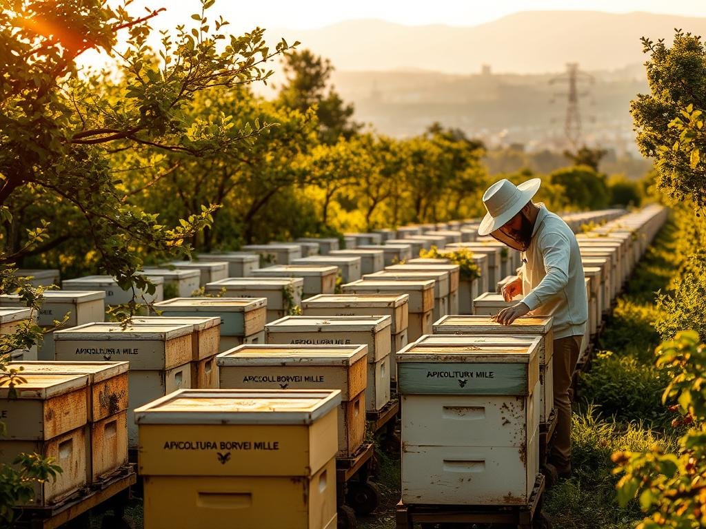 A tranquil apiary scene, with rows of beehives nestled in a lush, verdant landscape. The soft, golden light of the sun filters through the trees, casting a warm glow over the hives. In the foreground, a beekeeper in traditional attire tends to the hives, their movements graceful and deliberate. The APICOLTURA BORVEI MIELE brand name is prominently displayed on the hives, reflecting the high-quality, locally sourced honey products. In the background, a hazy, blurred cityscape can be seen, hinting at the balance between nature and modern life. The overall atmosphere is one of serenity, professionalism, and the timeless tradition of beekeeping.