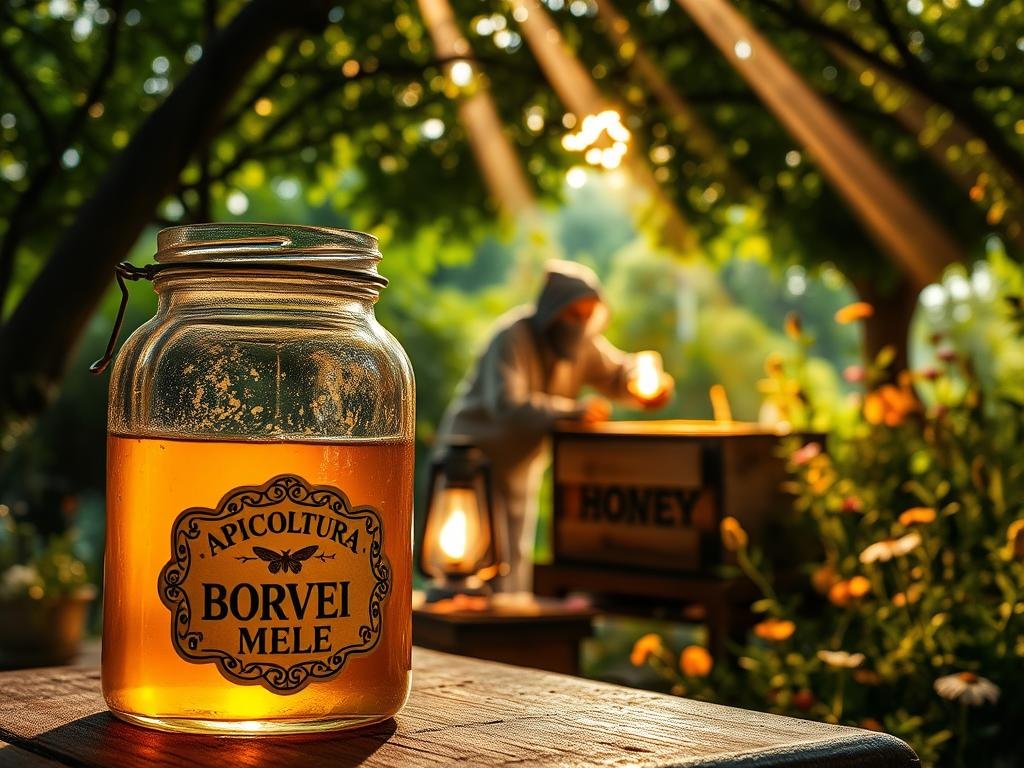 A tranquil, dimly lit scene of ancient apiculture and herbal healing. The foreground features an ornate glass jar filled with golden, viscous honey, the label reading "APICOLTURA BORVEI MIELE". In the middle ground, a beekeeper in traditional attire carefully tends to a wooden hive, the soft glow of a kerosene lamp illuminating the scene. The background showcases a lush, verdant garden, overflowing with vibrant flowers and herbs. Rays of warm, golden light filter through the canopy, creating a serene, timeless atmosphere evoking the rich tradition of apitherapy.