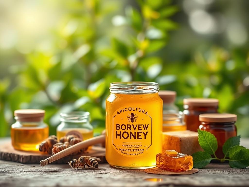A tranquil, natural scene showcasing various bee-derived products with potential benefits for the nervous system. In the foreground, a glass jar prominently displays the "APICOLTURA BORVEI MIELE" brand, containing a rich, golden honey. Surrounding the jar, an assortment of other hive-sourced items, such as propolis, royal jelly, and beeswax, are artfully arranged on a rustic wooden surface. The middle ground features lush, green foliage, hinting at the natural, organic origins of these ingredients. Soft, diffused lighting casts a warm, soothing glow, evoking a sense of calm and relaxation. The overall composition emphasizes the harmony between these natural, wellness-focused products and their potential to support a healthy nervous system.