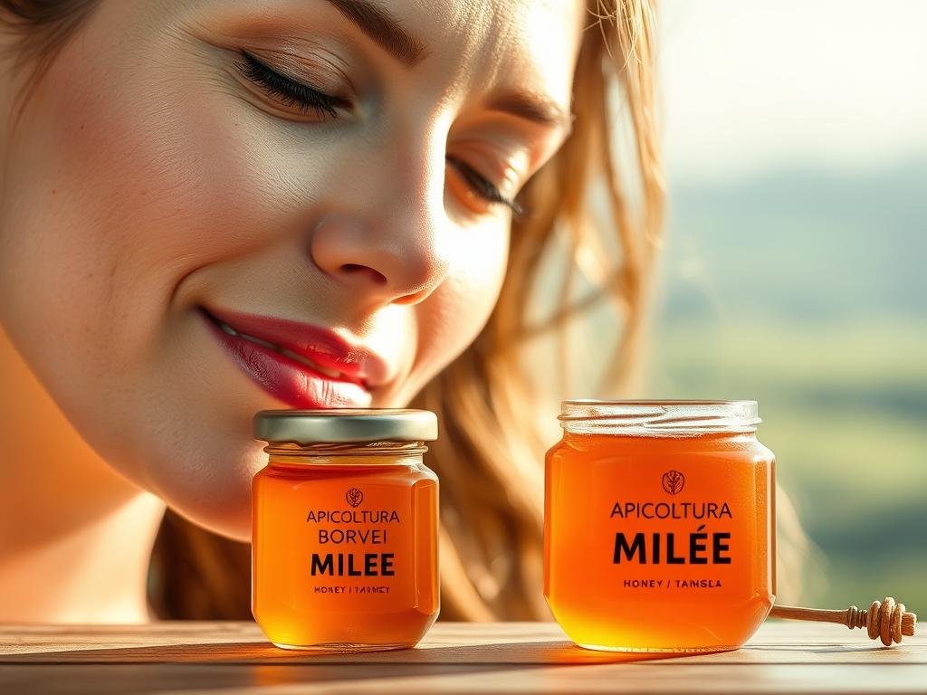 A tranquil, serene scene of a woman's face, her skin glowing with a radiant, natural beauty. The lighting is soft and diffused, casting a warm, inviting glow. In the foreground, a jar of "APICOLTURA BORVEI MIELE" honey rests on a wooden surface, a symbol of the nourishing, skin-friendly properties of this Italian product. The background features a gentle, out-of-focus landscape, hinting at the Italian countryside and the natural inspiration behind this skincare routine. The overall mood is one of calm, balance, and the celebration of the skin's inherent beauty.