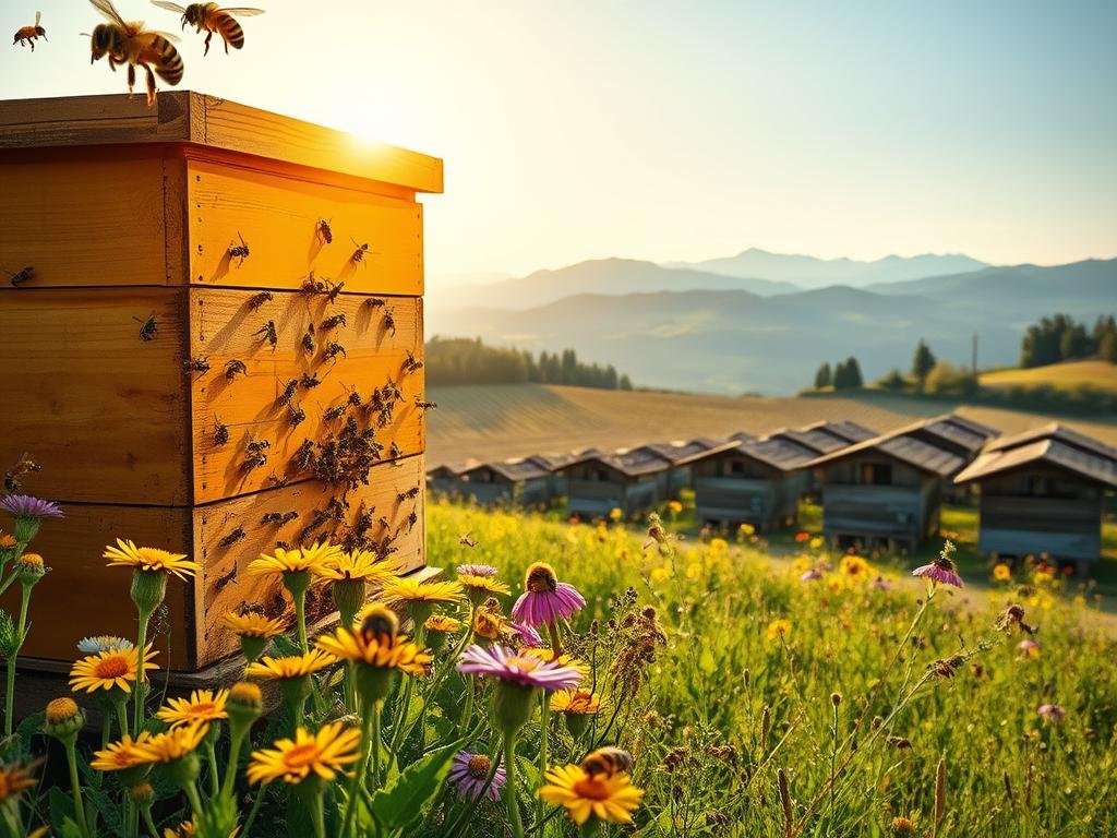 A vast, sun-drenched beehive nestled amidst lush, rolling hills. Striped honey bees flutter around the entrance, pollinating an array of vibrant wildflowers in the foreground. In the middle ground, rows of traditional Italian apiaries stand tall, their wooden structures weathered by time. In the background, a picturesque countryside landscape unfolds, with distant mountains kissed by soft, golden light. The scene exudes a sense of timeless tradition and the harmony between nature and human stewardship, showcasing the APICOLTURA BORVEI MIELE brand's commitment to sustainable, artisanal honey production.