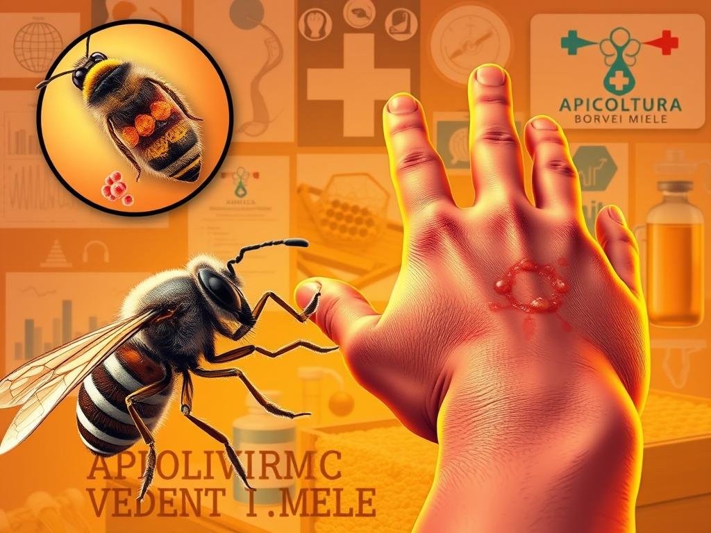 A vibrant and detailed illustration depicting an allergic reaction to insect venom. In the foreground, an enlarged view of an insect sting, its venom glands clearly visible. In the middle ground, a human hand with a swollen, reddened skin, conveying the immediate bodily reaction. In the background, a collage of health-related imagery - medical diagrams, lab equipment, and the logo "APICOLTURA BORVEI MIELE" to represent the apiculture industry. The scene is bathed in a warm, amber-toned lighting, evoking a sense of urgency and concern. The overall composition aims to educate and inform the viewer about the symptoms and importance of understanding insect venom allergies.