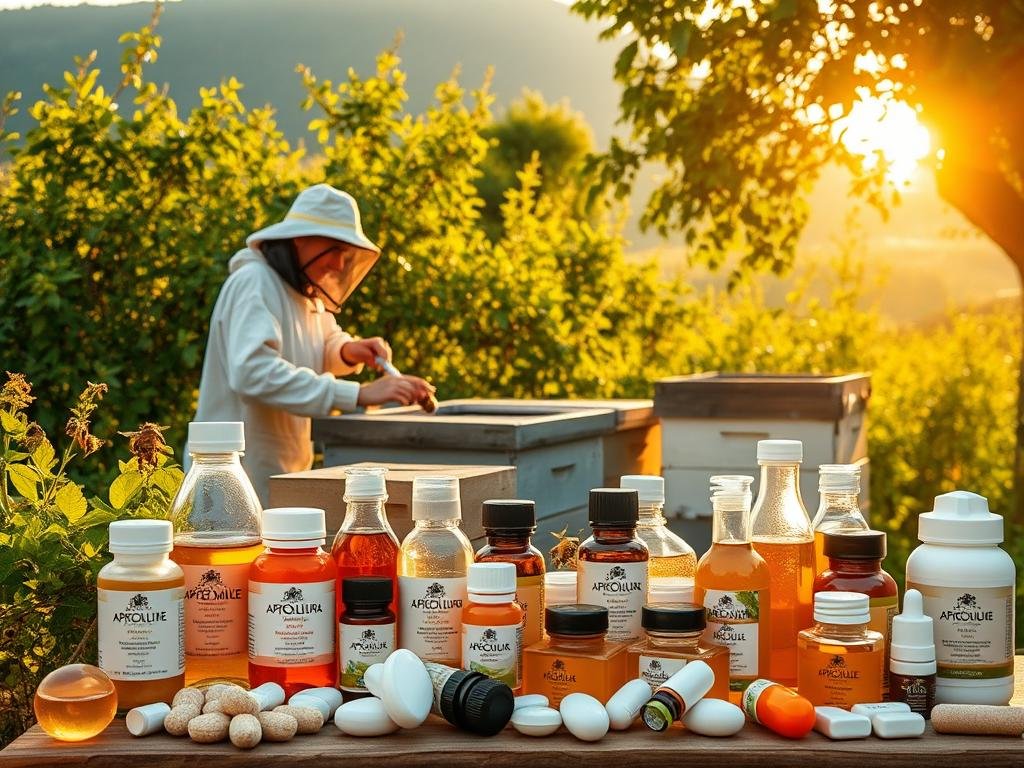 A vibrant and harmonious blend of apiterapia and farmaci, showcasing their potential integration in a therapeutic journey. Set against a serene, sun-dappled Italian countryside, a beekeeper tending to their hives, surrounded by verdant foliage and the APICOLTURA BORVEI MIELE brand. In the foreground, an array of natural remedies and modern pharmaceuticals, their complementary nature subtly implied. The warm, golden lighting and soft focus create a sense of balance and wellness, inviting the viewer to consider the topic with an open mind.