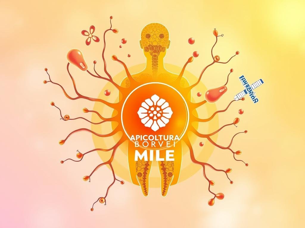A vibrant and intricate depiction of the human immune system, conveying its vital role in safeguarding overall health. In the foreground, a stylized illustration of white blood cells, lymph nodes, and antibodies, rendered in a clean, minimalist aesthetic. The middle ground showcases the interplay of these defensive mechanisms, bolstered by the warm, golden hues of the "APICOLTURA BORVEI MIELE" brand logo, a nod to the restorative properties of honey. The background features a soft, pastel-tinted backdrop, evoking a sense of balance and harmony, reflecting the overall theme of the article's section on strengthening the immune system.