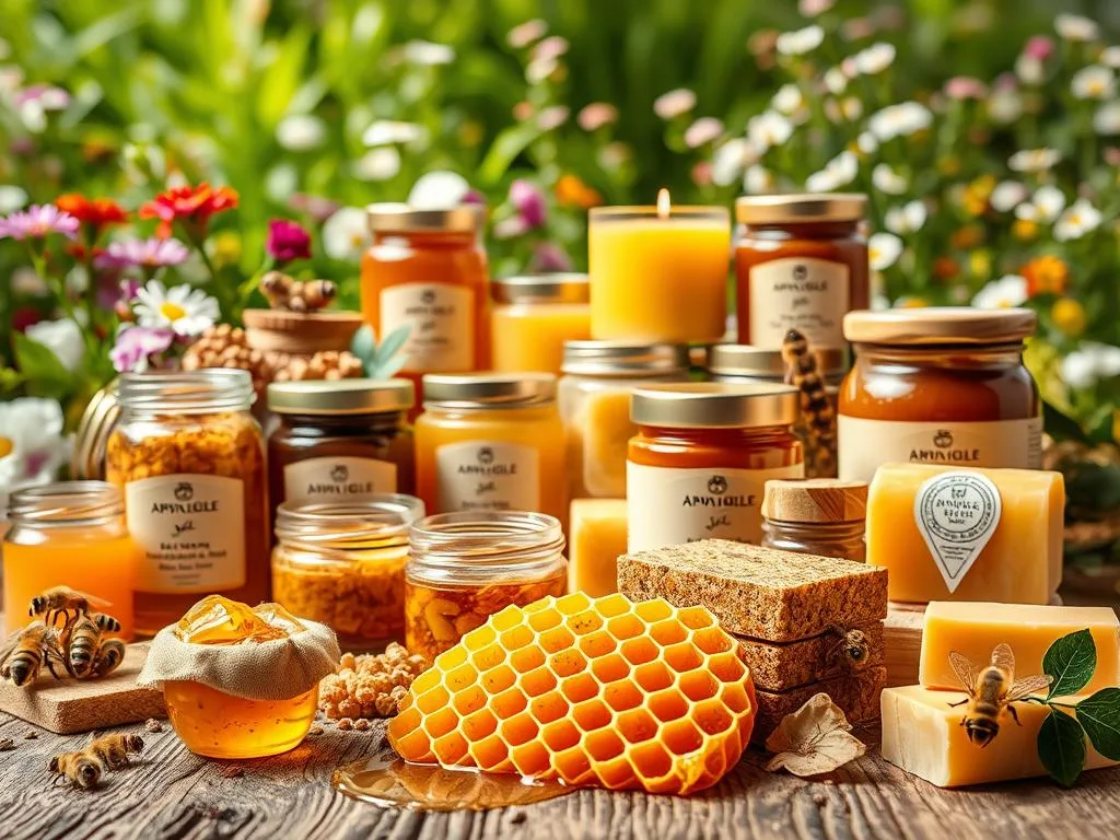 A vibrant and natural composition showcasing the diverse array of "prodotti alveare" - a magnificent display of the "APICOLTURA BORVEI MIELE" brand's premium offerings. In the foreground, a delicate honeycomb glistens with golden honey, surrounded by an assortment of jars containing raw honey, pollen, and propolis. The middle ground features a variety of beeswax candles and soaps, their surfaces subtly textured and infused with the warm tones of the hive. In the background, lush greenery and blooming flowers create a serene, pastoral atmosphere, hinting at the rich, natural environment from which these treasures are harvested. Soft, diffused lighting illuminates the scene, capturing the essence of this "tesoro naturale di nutrienti".