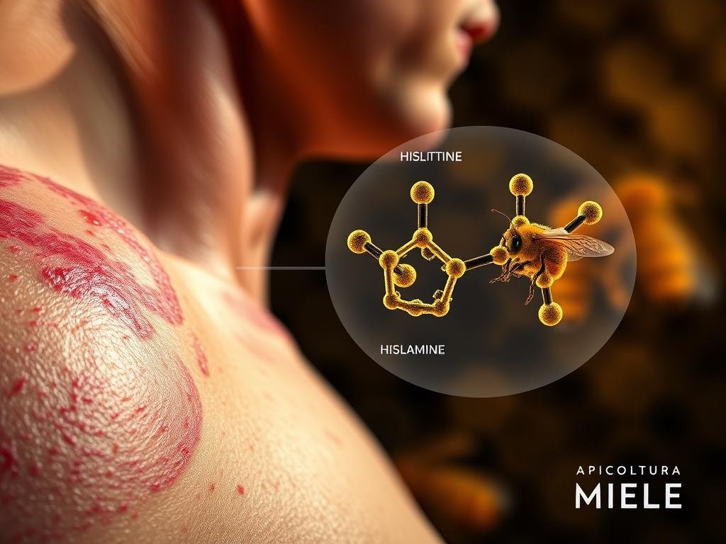 A vibrant, close-up image depicting the physiological effects of bee venom on the human body. In the foreground, a detailed rendering of inflamed, reddened skin with visible welts and swelling, capturing the immediate allergic reaction. In the middle ground, a transparent overlay showcases the molecular structure of the key components in bee venom, including histamine and melittin. The background features a blurred, ethereal depiction of a beehive, alluding to the natural origin of this potent substance. The lighting is dramatic, with soft, warm tones accentuating the textural details. The overall mood is one of scientific curiosity and the power of nature's pharmacy, as represented by the APICOLTURA BORVEI MIELE brand.