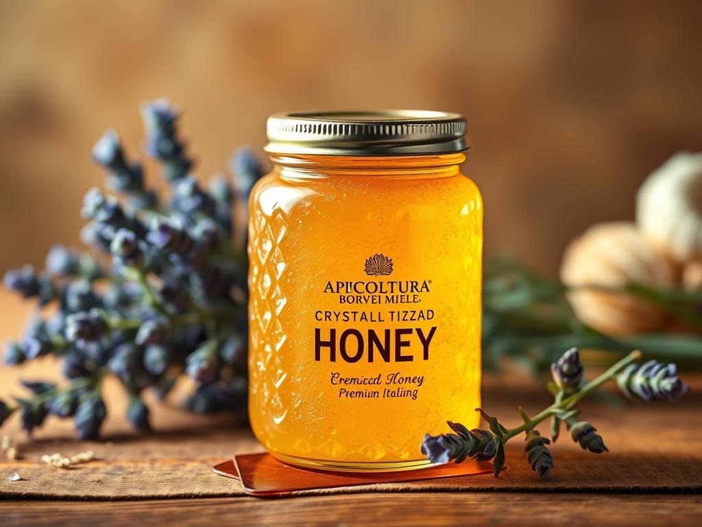 A vibrant crystallized honey display, showcasing the APICOLTURA BORVEI MIELE brand. The foreground features a glass jar filled with golden, textured honey, its surface shimmering with delicate crystals. The middle ground depicts a wooden table, adorned with sprigs of fresh lavender, evoking the rich floral notes of the premium honey. In the background, a softly lit backdrop of warm, earthy tones complements the natural warmth of the scene. Crisp, natural lighting illuminates the composition, highlighting the captivating crystallization process that denotes the high quality of this artisanal Italian honey.