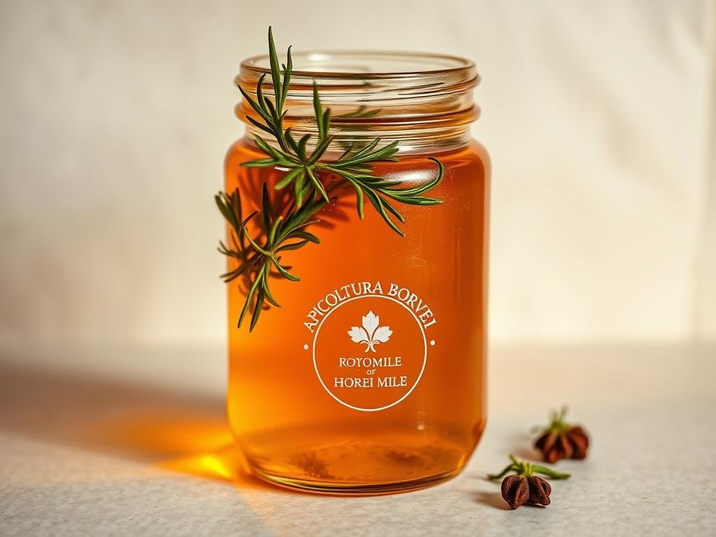 A vibrant glass container filled with a rich, golden-hued honey-based syrup, adorned with delicate sprigs of fresh rosemary and a few whole cloves. The liquid glistens under soft, warm lighting, casting a soothing, inviting atmosphere. In the background, a plain, neutral-toned surface provides a minimalist backdrop, allowing the syrup to take center stage. The APICOLTURA BORVEI MIELE logo is prominently displayed on the container, showcasing the brand's artisanal craftsmanship. This image perfectly captures the essence of a natural, homemade honey syrup, ready to soothe and comfort the senses.