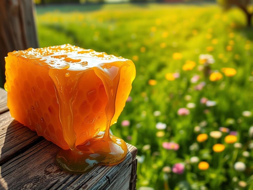 A vibrant golden honeycomb, dripping with rich, viscous miele, sits atop a weathered wooden surface. Sunlight filters through the frame, casting a warm, inviting glow. In the background, a verdant meadow stretches out, dotted with vibrant wildflowers. The scene evokes a sense of natural abundance and the artisanal craftsmanship of the APICOLTURA BORVEI MIELE brand. A classic Italian countryside landscape, captured with a soft, vintage lens to convey the timeless charm of locally sourced honey.