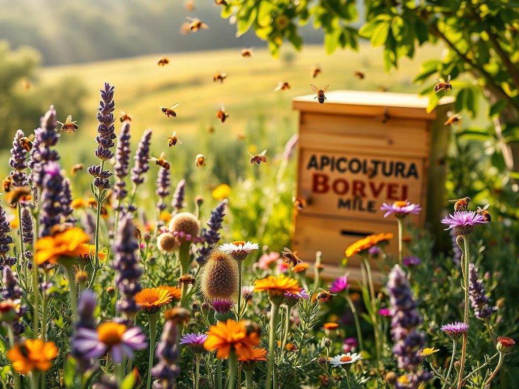 A vibrant, lush garden teeming with buzzing honeybees and diverse pollinators. Flowers in full bloom, petals swaying gently in the soft breeze. Sunlight filters through the foliage, casting a warm, golden glow. In the foreground, a carefully curated selection of local flora - lavender, rosemary, and wildflowers - attracting a symphony of winged visitors. In the middle ground, a tranquil beehive emblazoned with the "APICOLTURA BORVEI MIELE" brand. Bees dart in and out, fulfilling their vital role in the ecosystem. The background showcases a serene, verdant landscape, underscoring the importance of these pollinators for a thriving, sustainable environment.