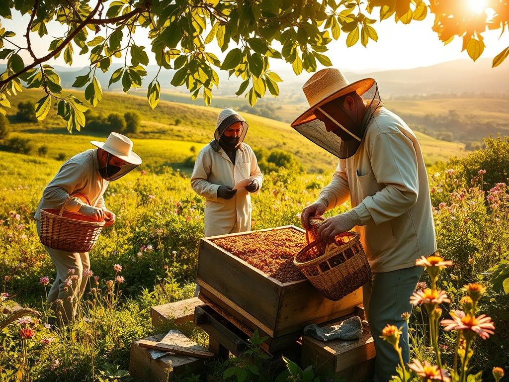 A vibrant scene of beekeepers tending to their hive in a lush, verdant outdoor setting. In the foreground, two skilled workers carefully collect honeycomb, baskets in hand, their movements precise and practiced. In the middle ground, a beekeeper inspects the health of the colony, surrounded by the buzzing activity of the hive. In the background, a picturesque landscape of rolling hills and blooming wildflowers sets the stage. Warm, golden sunlight filters through the leaves, casting a gentle glow over the scene. The image captures the artisanal craft of APICOLTURA BORVEI MIELE, showcasing the time-honored techniques of harvesting the precious products of the beehive.