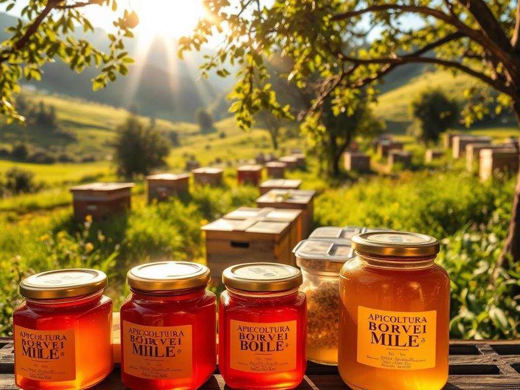 A vibrant, serene apiary nestled amidst lush meadows and verdant hills. Sunlight filters through the canopy, casting a warm, golden glow on the bustling hive activity. In the foreground, an array of glass jars showcases the rich, amber-hued APICOLTURA BORVEI MIELE, a testament to the region's bountiful honey harvest. The scene evokes a sense of natural harmony, inviting the viewer to discover the origins and principles of apitherapy, a holistic practice rooted in the wonders of the beehive.